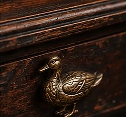 Bronzen eend als handgreep op een donkere houten lade