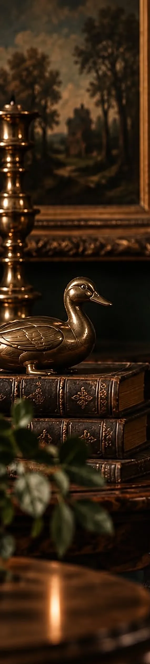 Hoek van een donkere kamer met een schilderij, een messing kandelaar, oude boeken en een bronzen eend