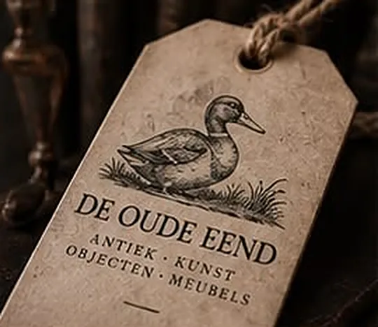 Kartonnen label met de gravure van De Oude Eend aan een touwtje