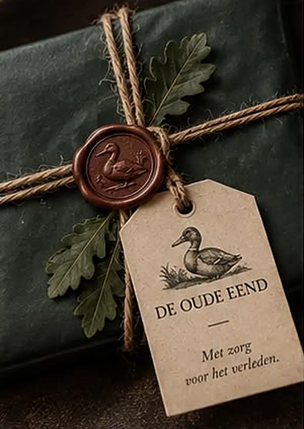 Pakket in groen papier met touw, een lakzegel met eend en een eikenblad